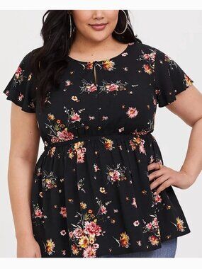 TORRID 3 Plus Size Black Floral Babydoll Top Yellow Red Short Sleeve Whimsigoth